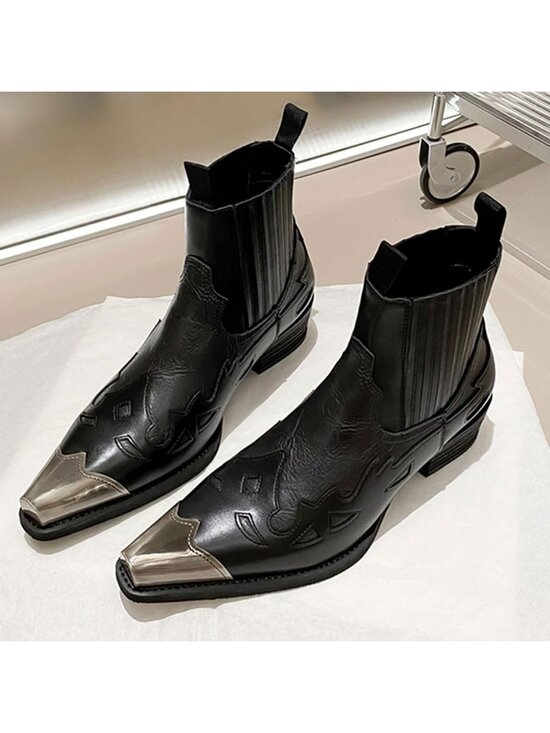 Men\'s Black Leather Steel Toe Low Top Pull On Elastic Band Wide Cuff Cowboy Boot
